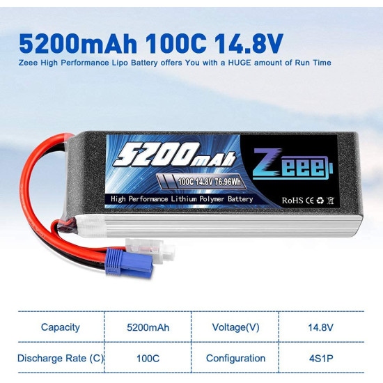 Batterie Lipo 4S Zeee 14,8V 5200mAh 100C avec connecteur EC5